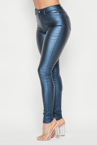 Super High Waisted Faux Leather Stretchy Skinny Jeans - Blue - SohoGirl.com