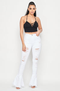Super High Waisted Distressed Flare Jeans - White - SohoGirl.com