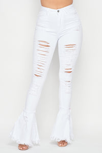 Super High Waisted Distressed Flare Jeans - White - SohoGirl.com