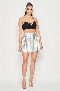 Silver High Waisted Faux Leather Skater Mini Skirt- (S-XXXL) - SohoGirl.com