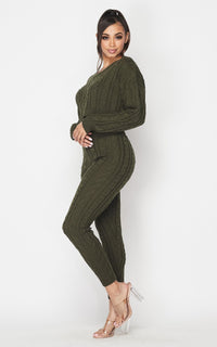 Cable Knit Crop Top and Leggings Set - Olive - SohoGirl.com