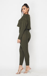 Cable Knit Crop Top and Leggings Set - Olive - SohoGirl.com