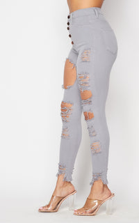 Vibrant High Waisted Button Fly Distressed Jeans - Gray - SohoGirl.com