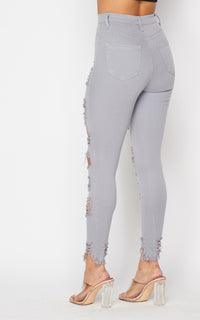 Vibrant High Waisted Button Fly Distressed Jeans - Gray - SohoGirl.com