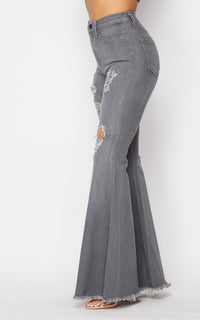 Vibrant Wide Flare Distressed Bell Bottom Jeans - Gray - SohoGirl.com