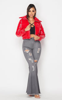 Cropped Oversize Collared Puffer Jacket in Red - SohoGirl.com