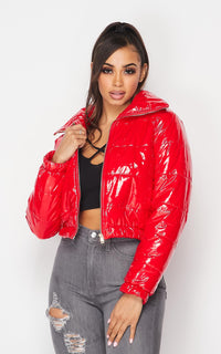 Cropped Oversize Collared Puffer Jacket in Red - SohoGirl.com