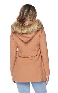 Fur Trim Hooded Long Sleeve Toggle Coat - Tan - SohoGirl.com