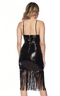 Sequin Fringe Plunging V-Neck Dress - Black - SohoGirl.com
