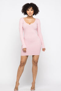 Open Front Deep V-Neck Long Sleeve Mini Dress - Blush - SohoGirl.com
