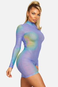 Mesh Mock Neck Long Sleeve Abstract Print Mini Dress - Lavender - SohoGirl.com