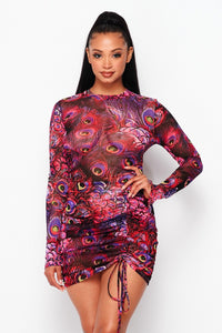 Front Ruched Long Sleeve Mini Dress W/ Printed Design - Purple - SohoGirl.com