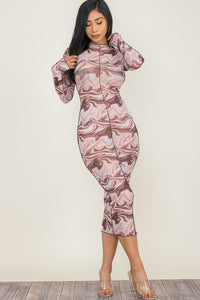 Long Sleeve Sheer Mid Length Print Dress - Brown & White - SohoGirl.com