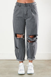 High Rise Slouchy Distressed Jeans - Grey Denim - SohoGirl.com