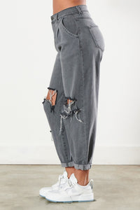High Rise Slouchy Distressed Jeans - Grey Denim - SohoGirl.com