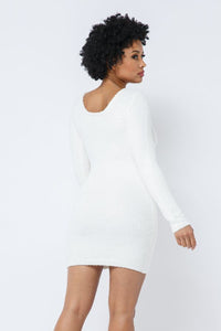 Long Sleeve Scoop Neck Teddy Mini Dress - Cream White - SohoGirl.com