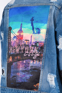 Distressed Medium Denim Jacket W/ New York Print On Back - SohoGirl.com