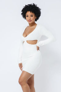 Long Sleeve Scoop Neck Teddy Mini Dress - Cream White - SohoGirl.com