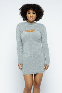 Feather Shrug With Mini Dress Set - Grey - SohoGirl.com