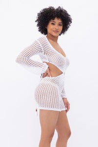 Long Sleeve Crochet Romper W/ Front Cut Outs - White - SohoGirl.com