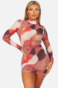 Mesh Mock Neck Long Sleeve Abstract Print Mini Dress - Mocha Multicolor - SohoGirl.com