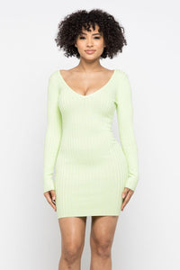 Open Front Deep V-Neck Long Sleeve Mini Dress - Lime - SohoGirl.com