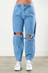 High Rise Slouchy Distressed Jeans - Medium Denim - SohoGirl.com