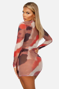 Mesh Mock Neck Long Sleeve Abstract Print Mini Dress - Mocha Multicolor - SohoGirl.com