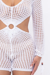 Long Sleeve Crochet Romper W/ Front Cut Outs - White - SohoGirl.com