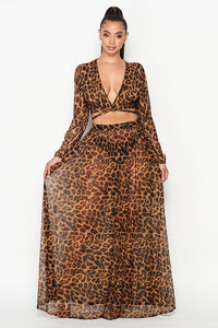 Leopard Print Deep-V Sheer Long Sleeve Blouse & Matching Maxi Skirt - SohoGirl.com