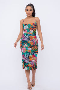 Spaghetti Strap Ruched Midi Dress W/ Multicolor Flower Print - SohoGirl.com