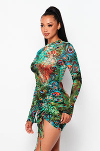 Front Ruched Long Sleeve Mini Dress W/ Printed Design - Green - SohoGirl.com