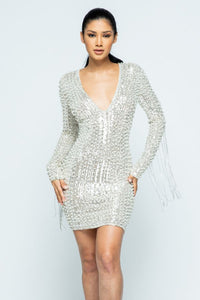 Deep V-Neck Studded Long Sleeve Mini Dress - Silver - SohoGirl.com