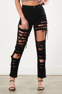 Vibrant High Waisted Super Distressed Ripped Straight Jeans - Black - SohoGirl.com