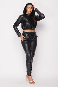 2 Pc. Leather Jogger Set With Hoodie Crop Top - Black - SohoGirl.com