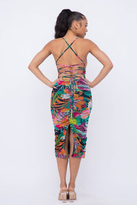 Spaghetti Strap Ruched Midi Dress W/ Multicolor Flower Print - SohoGirl.com