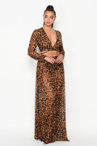 Leopard Print Deep-V Sheer Long Sleeve Blouse & Matching Maxi Skirt - SohoGirl.com