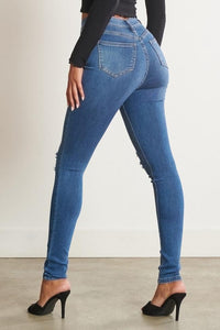 Vibrant High Waisted Knee Distress Skinny Jeans - Medium Denim - SohoGirl.com