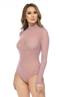 Sheer Mock Neck Long Sleeve Bodysuit - Mauve - SohoGirl.com