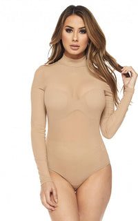 Sheer Mock Neck Long Sleeve Bodysuit - Nude - SohoGirl.com