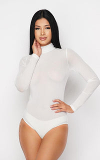 Sheer Mock Neck Long Sleeve Bodysuit - White - SohoGirl.com