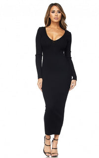 Maxi Ribbed Long Sleeve Sweater Dress - Black - SohoGirl.com