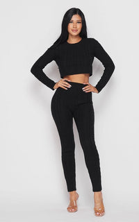 Cable Knit Crop Top and Leggings Set - Black - SohoGirl.com