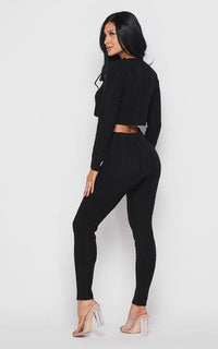 Cable Knit Crop Top and Leggings Set - Black - SohoGirl.com