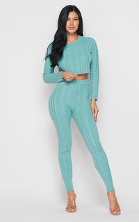 Cable Knit Crop Top and Leggings Set - Teal - SohoGirl.com