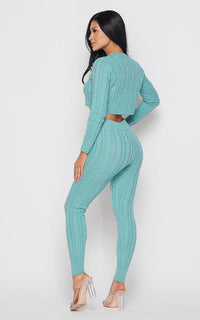 Cable Knit Crop Top and Leggings Set - Teal - SohoGirl.com