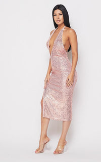 Sequin Deep V Side Slit Midi Dress - Rose Gold - SohoGirl.com