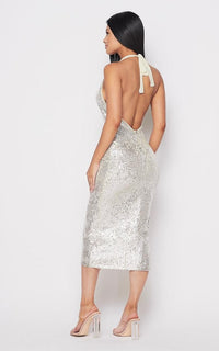 Sequin Deep V Side Slit Midi Dress - Silver - SohoGirl.com