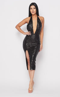 Sequin Deep V Side Slit Midi Dress - Black - SohoGirl.com