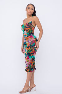 Spaghetti Strap Ruched Midi Dress W/ Multicolor Flower Print - SohoGirl.com